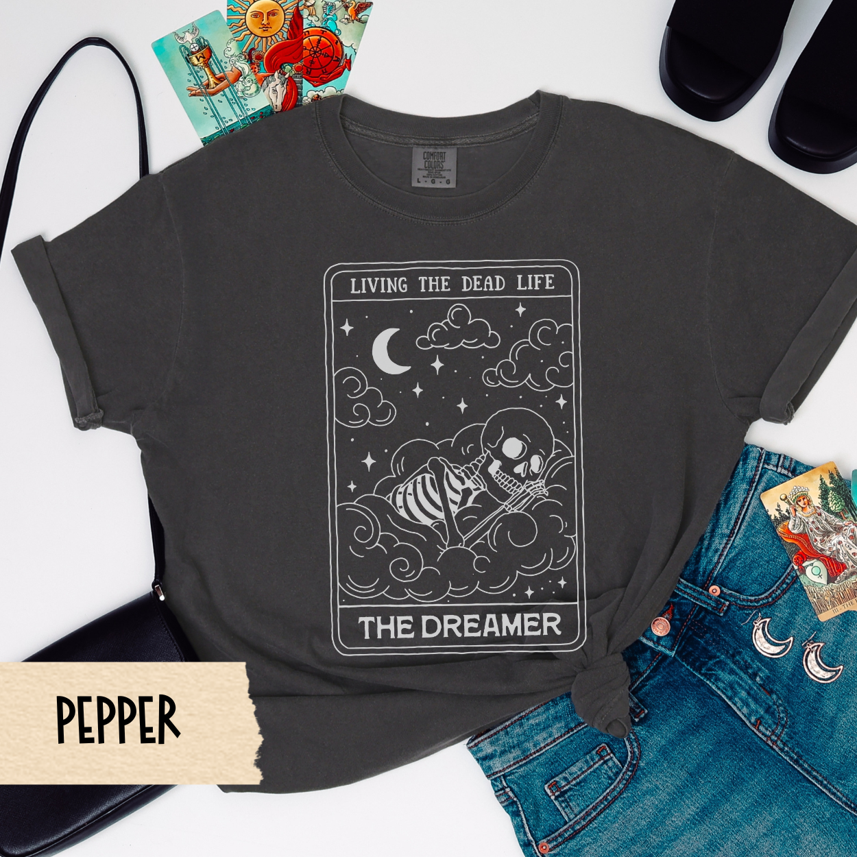 The Dreamer Tarot Shirt, Living the Dead Life Skeleton Tee, Comfort Colors Witchy Shirt, Gothic Sleepy Vibes Tee, Spooky Self Care Shirt