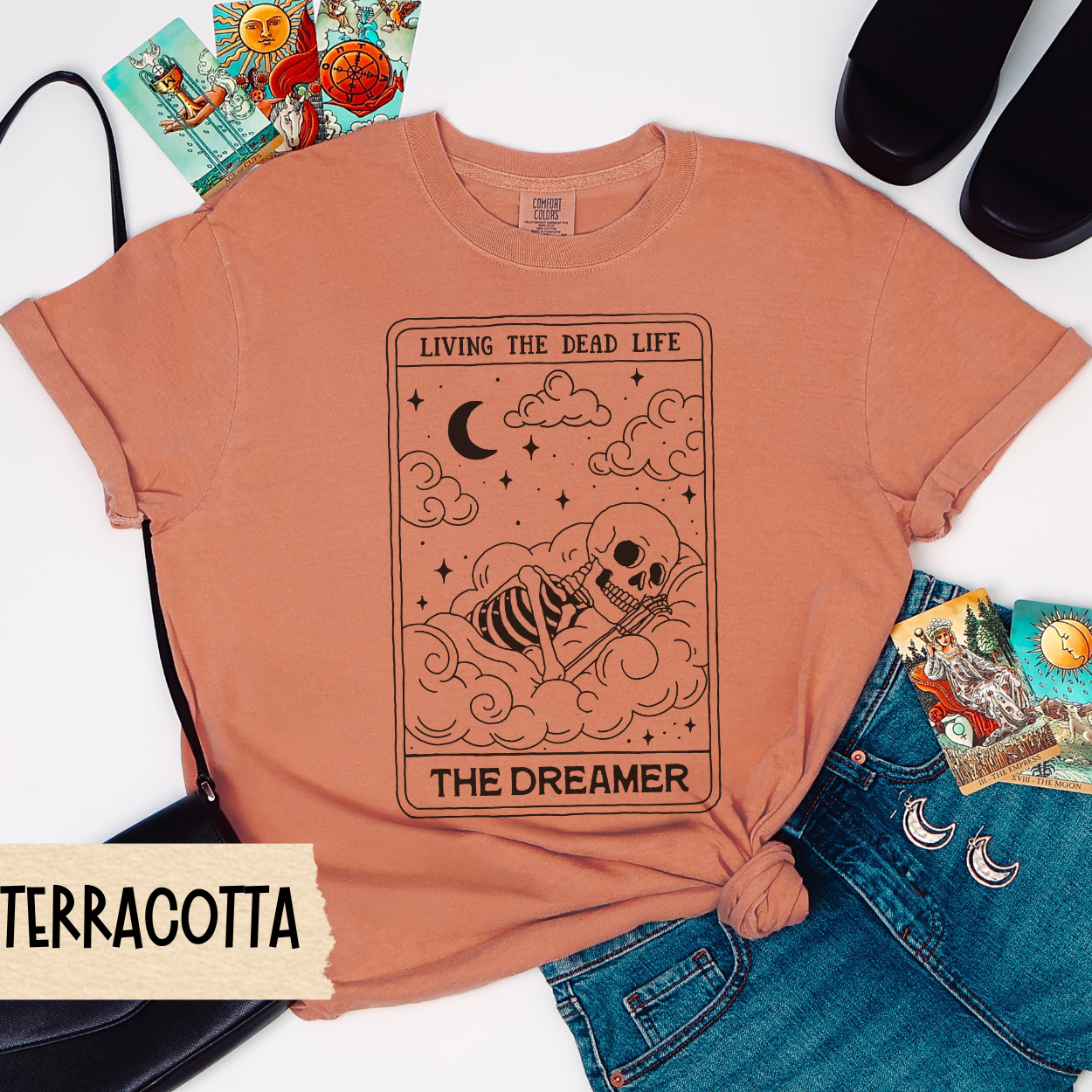The Dreamer Tarot Shirt, Living the Dead Life Skeleton Tee, Comfort Colors Witchy Shirt, Gothic Sleepy Vibes Tee, Spooky Self Care Shirt