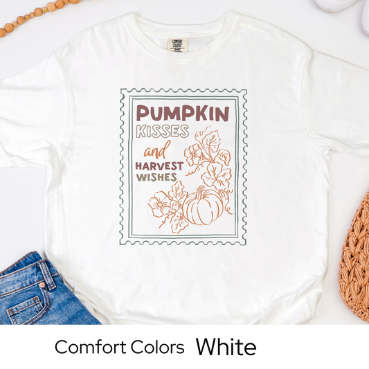 Pumpkin Kisses Fall Shirt, Comfort Colors Tee, Harvest Season Graphic T-Shirt, Retro Stamp Design, Cute Autumn Shirt for Women, Cozy Top