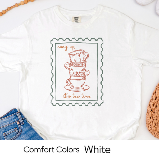 Tea Time Fall Shirt, Comfort Colors Tee, Cozy Autumn Graphic T-Shirt, Vintage Stamp Style, Cottagecore Aesthetic, Cute Shirt for Women