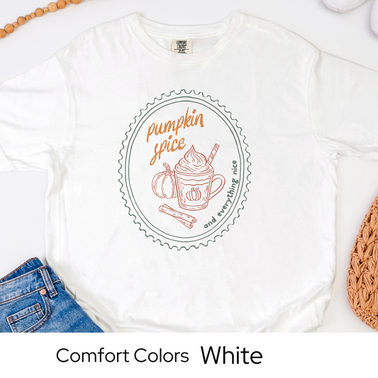 Pumpkin Spice Fall Shirt, Comfort Colors Tee, Cozy Autumn Coffee Graphic T-Shirt, Retro Stamp Style, Cute Fall Shirt for Women, PSL Tee