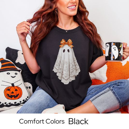 Halloween Ghost Shirt, Lace Ghost Tee, Vintage Halloween T-Shirt, Fall Comfort Colors Shirt, Spooky Season Top for Women