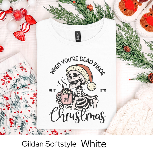 Christmas Skeleton Shirt, Funny Holiday Graphic Tee for Men Women Teens, Spooky Xmas Gift, Dead Inside But Christmas Party Outfit