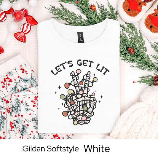 Lets Get Lit Skeleton Shirt, Funny Christmas Graphic Tee for Men Women Teens, Spooky Holiday Party Outfit, Unique Xmas Gift Idea