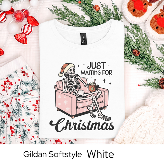 Just Waiting for Christmas Skeleton Shirt, Funny Holiday Graphic Tee for Men Women Teens, Spooky Xmas Party Outfit, Unique Gift Idea