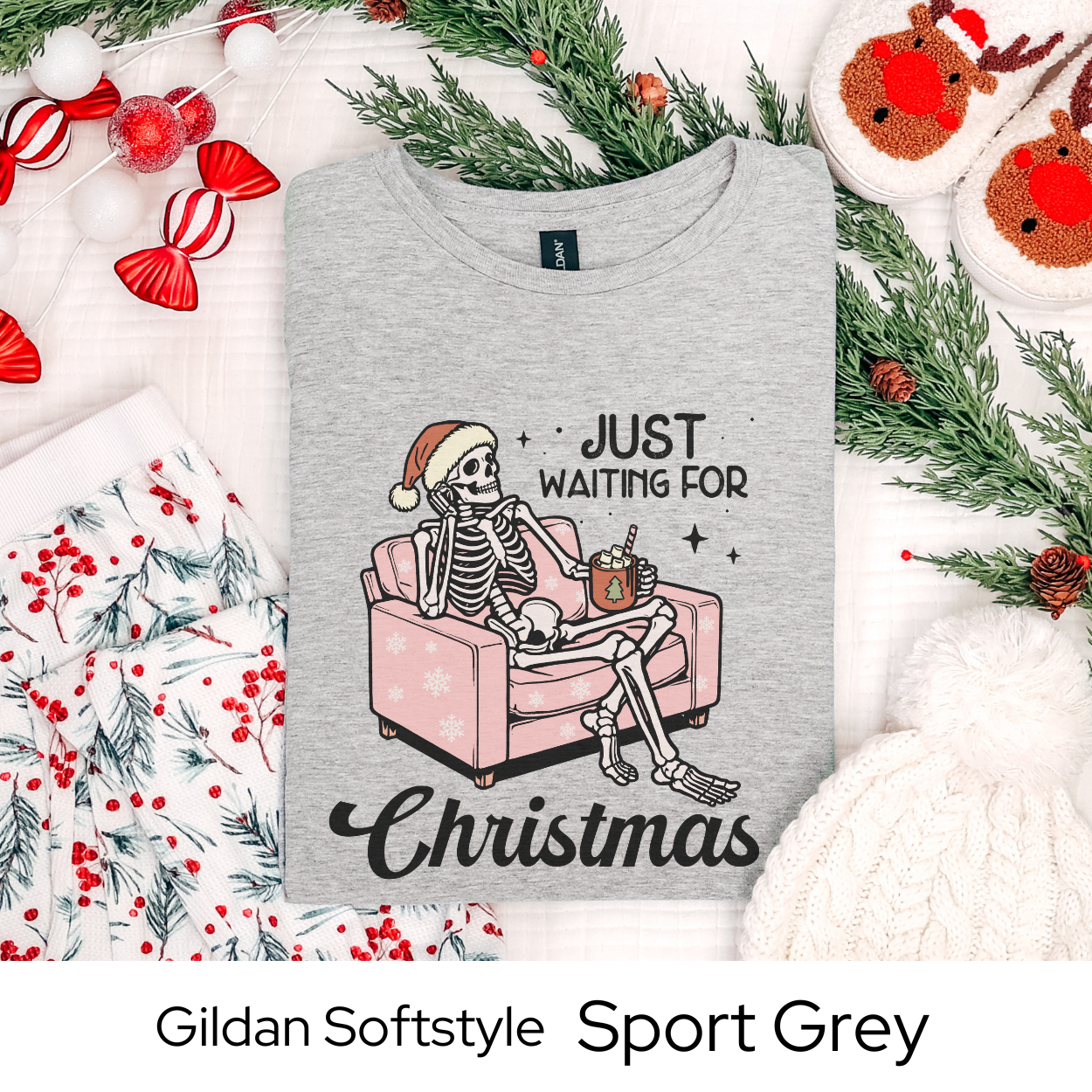 Just Waiting for Christmas Skeleton Shirt, Funny Holiday Graphic Tee for Men Women Teens, Spooky Xmas Party Outfit, Unique Gift Idea