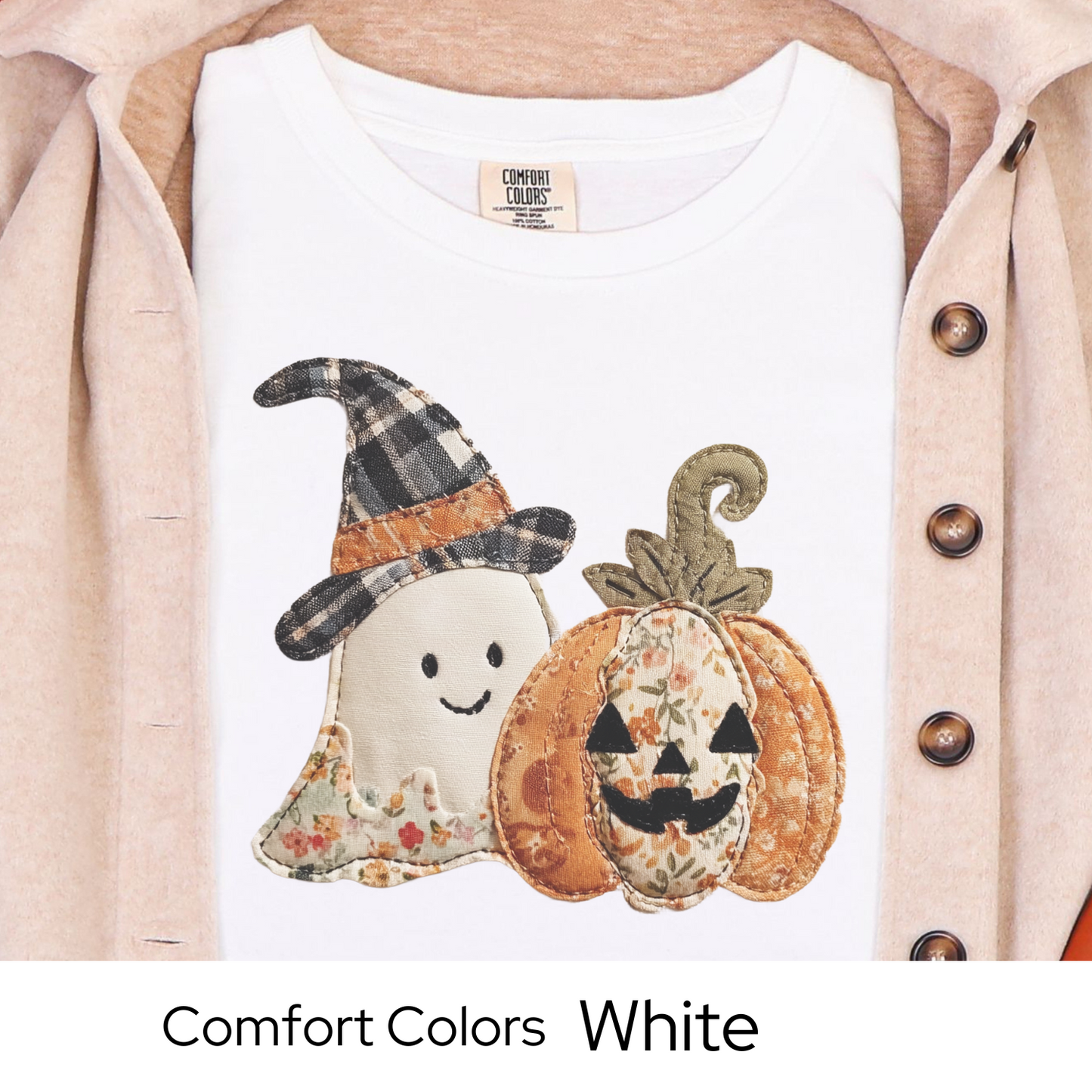 Halloween Shirt, Faux Embroidery Ghost Pumpkin Tee, Fall Patchwork Graphic T-Shirt, Vintage Style Comfort Colors Top, Autumn Outfit