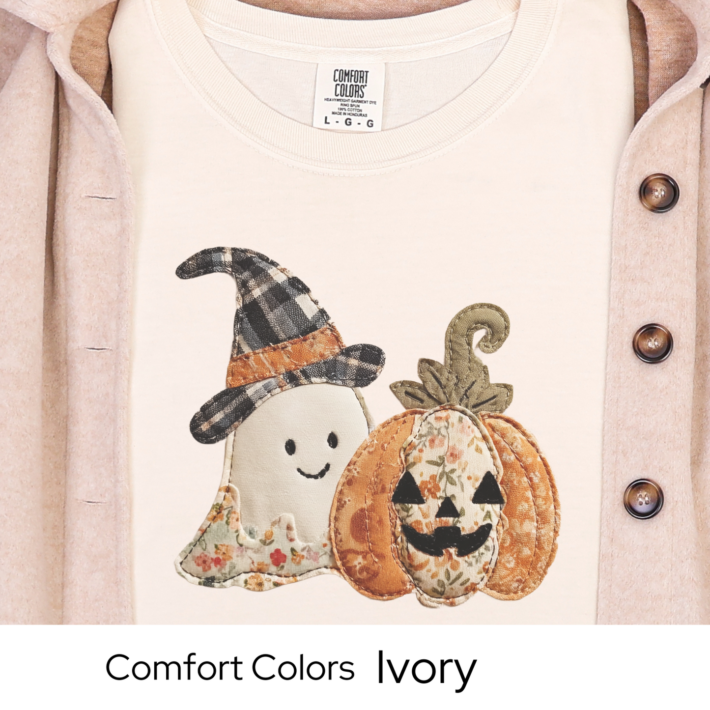 Halloween Shirt, Faux Embroidery Ghost Pumpkin Tee, Fall Patchwork Graphic T-Shirt, Vintage Style Comfort Colors Top, Autumn Outfit