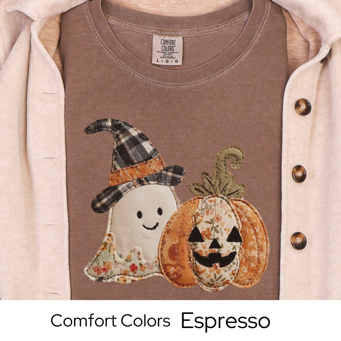Halloween Shirt, Faux Embroidery Ghost Pumpkin Tee, Fall Patchwork Graphic T-Shirt, Vintage Style Comfort Colors Top, Autumn Outfit