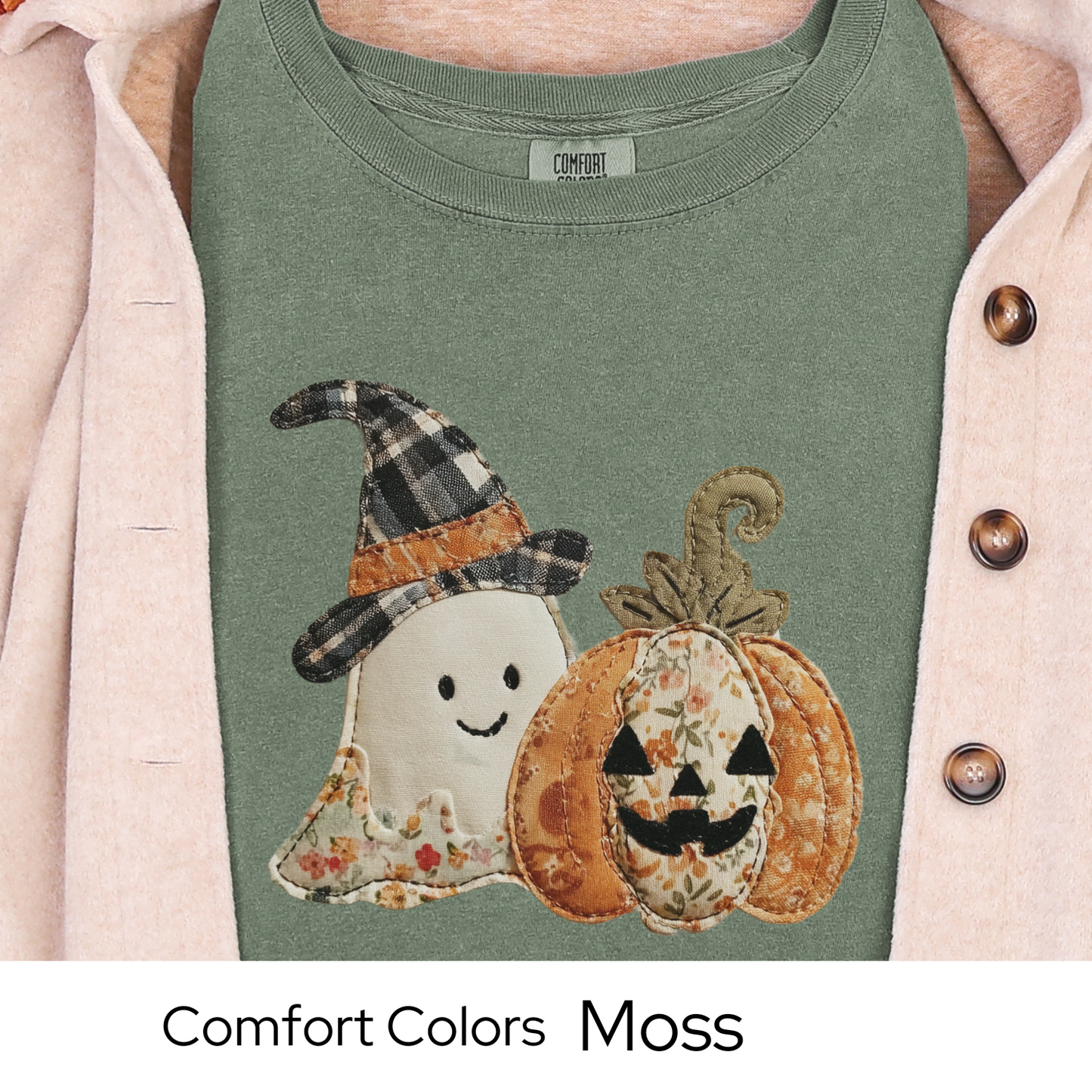 Halloween Shirt, Faux Embroidery Ghost Pumpkin Tee, Fall Patchwork Graphic T-Shirt, Vintage Style Comfort Colors Top, Autumn Outfit