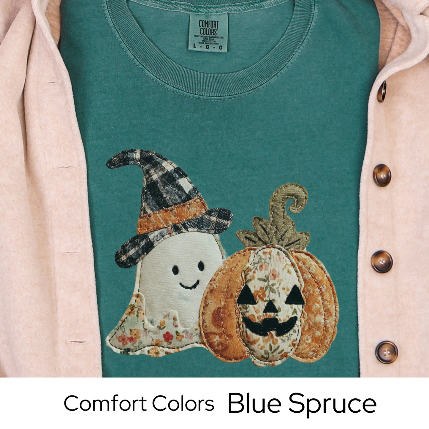 Halloween Shirt, Faux Embroidery Ghost Pumpkin Tee, Fall Patchwork Graphic T-Shirt, Vintage Style Comfort Colors Top, Autumn Outfit