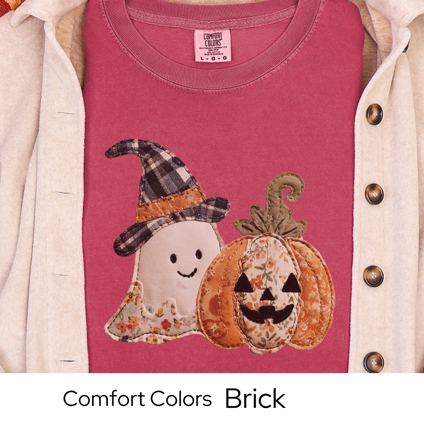 Halloween Shirt, Faux Embroidery Ghost Pumpkin Tee, Fall Patchwork Graphic T-Shirt, Vintage Style Comfort Colors Top, Autumn Outfit