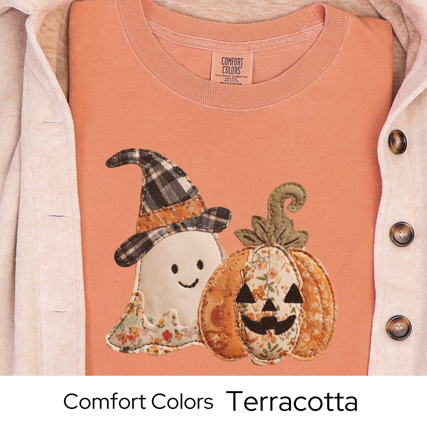Halloween Shirt, Faux Embroidery Ghost Pumpkin Tee, Fall Patchwork Graphic T-Shirt, Vintage Style Comfort Colors Top, Autumn Outfit