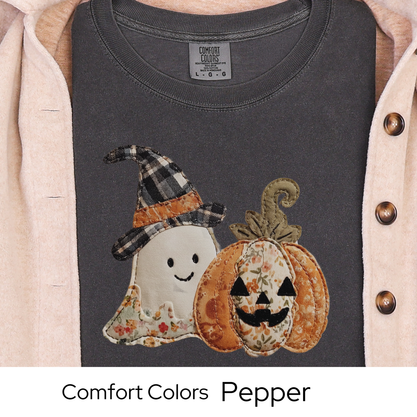 Halloween Shirt, Faux Embroidery Ghost Pumpkin Tee, Fall Patchwork Graphic T-Shirt, Vintage Style Comfort Colors Top, Autumn Outfit