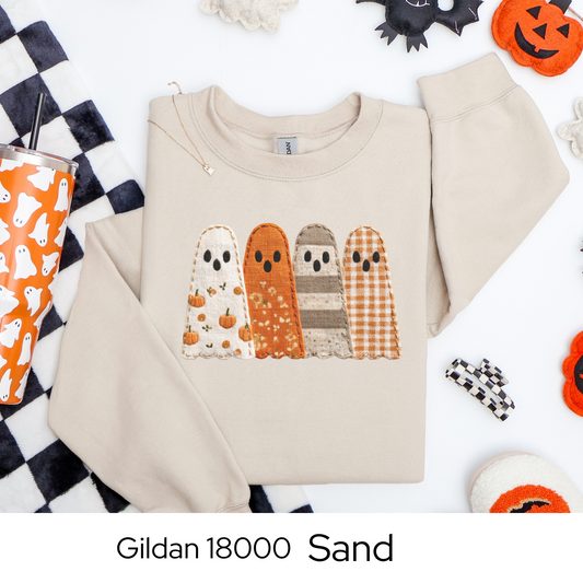 Fall Patchwork Ghost Sweatshirt, Cozy Halloween Crewneck, Faux Embroidery, Autumn Ghost Sweater for Women, Cute Spooky Season Pullover