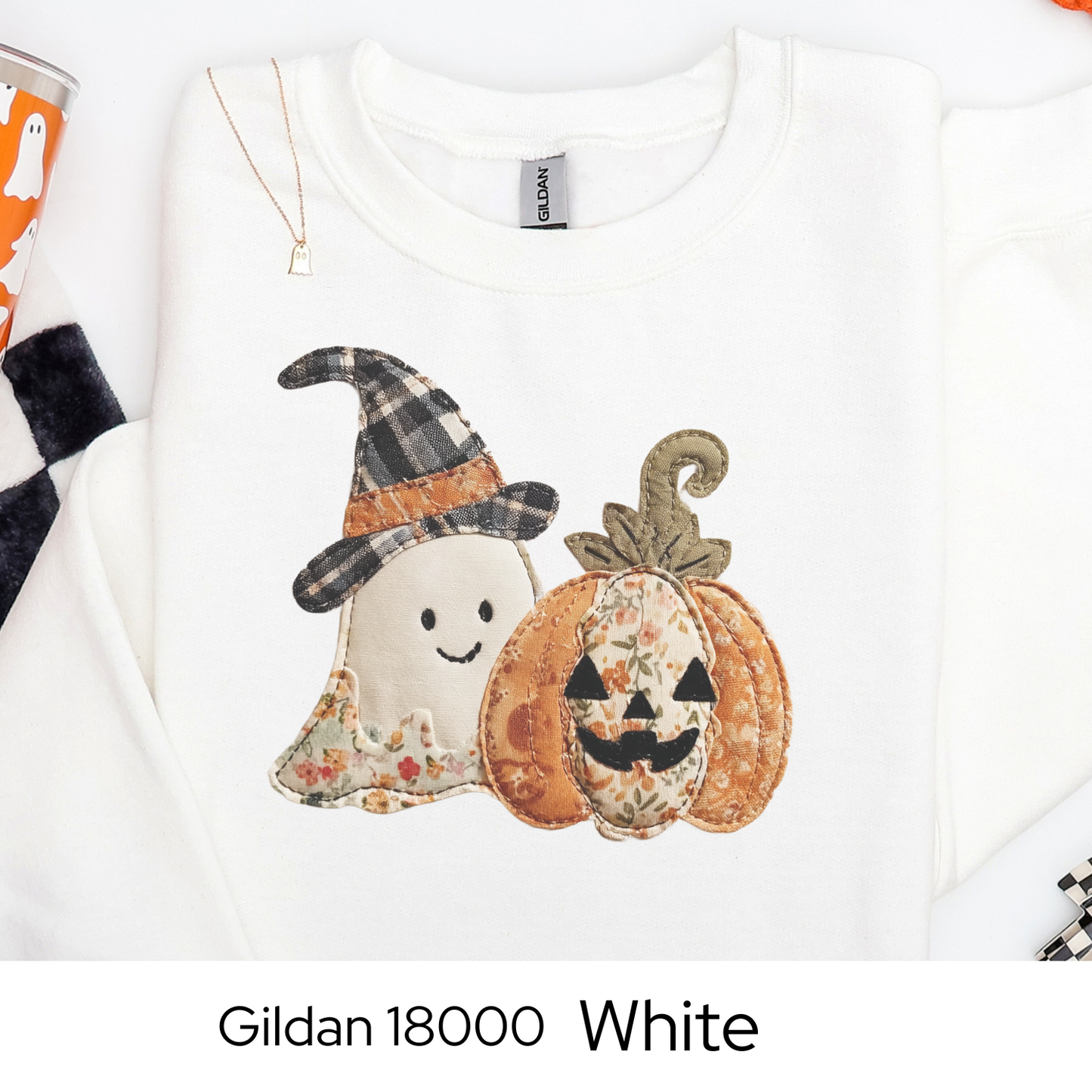 Halloween Sweatshirt Faux Embroidery Ghost Pumpkin, Cozy Fall Patchwork Style Gildan 18000 Crewneck, Spooky Season Outfit