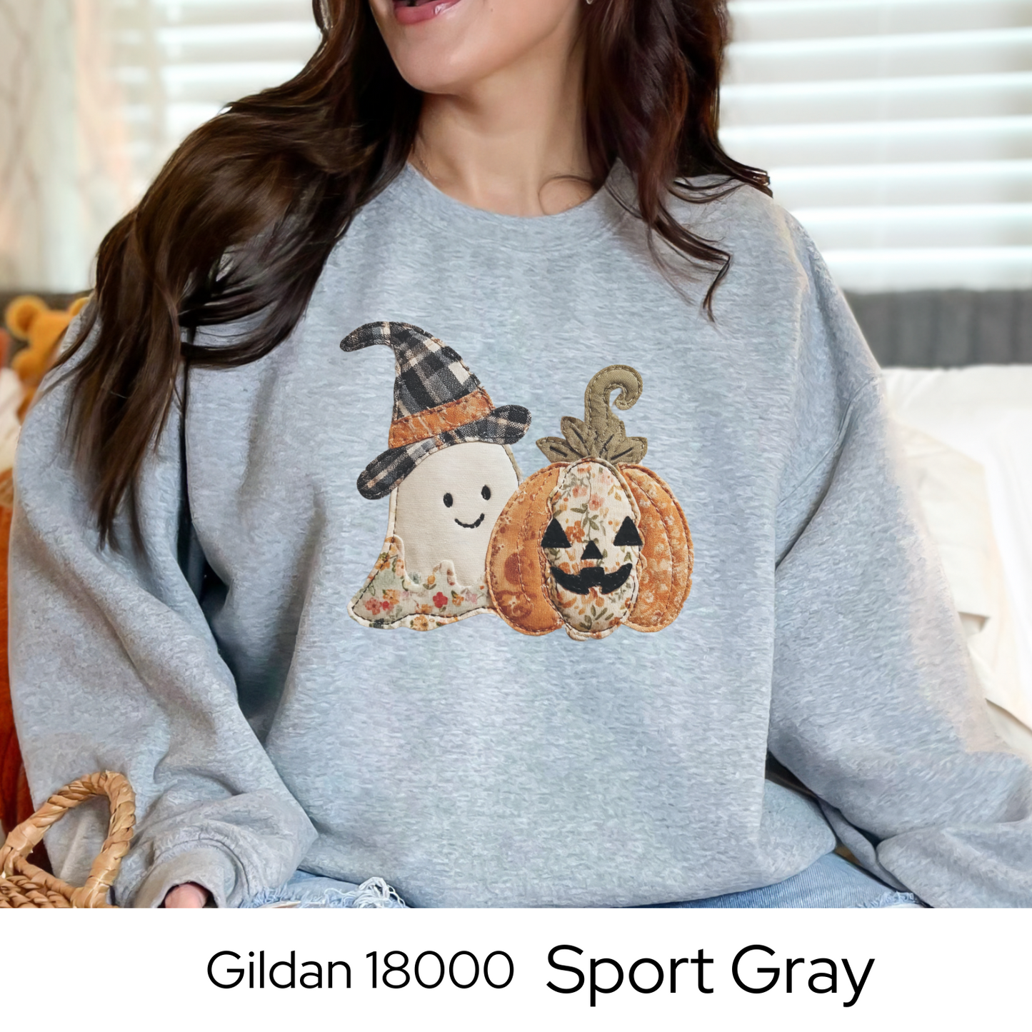 Halloween Sweatshirt Faux Embroidery Ghost Pumpkin, Cozy Fall Patchwork Style Gildan 18000 Crewneck, Spooky Season Outfit