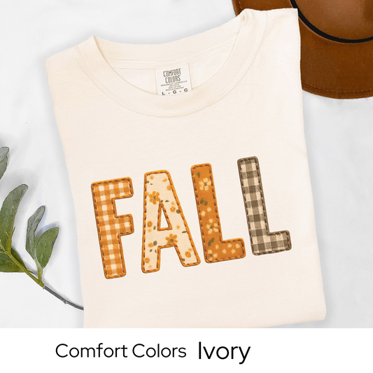 Fall Shirt Faux Embroidery Comfort Colors Tee | Autumn Pumpkin Patchwork Plaid Graphic Top