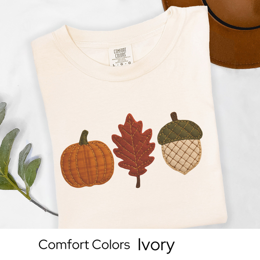 Fall  Shirt Faux Embroidery, Fall Icons, Pumpkin Shirt, Comfort Colors Tee | Autumn Patchwork Graphic Top