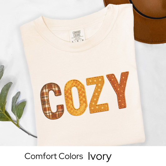 Cozy Fall Shirt Faux Embroidery Comfort Colors Tee | Autumn Plaid Patchwork Style Top