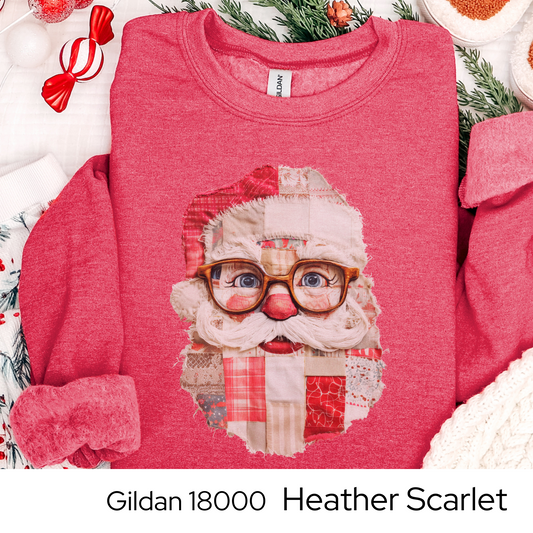 Patchwork Santa Sweatshirt, Vintage Quilted Christmas Crewneck, Faux Embroidery, Retro Holiday Santa Pullover, Cozy Winter Gift