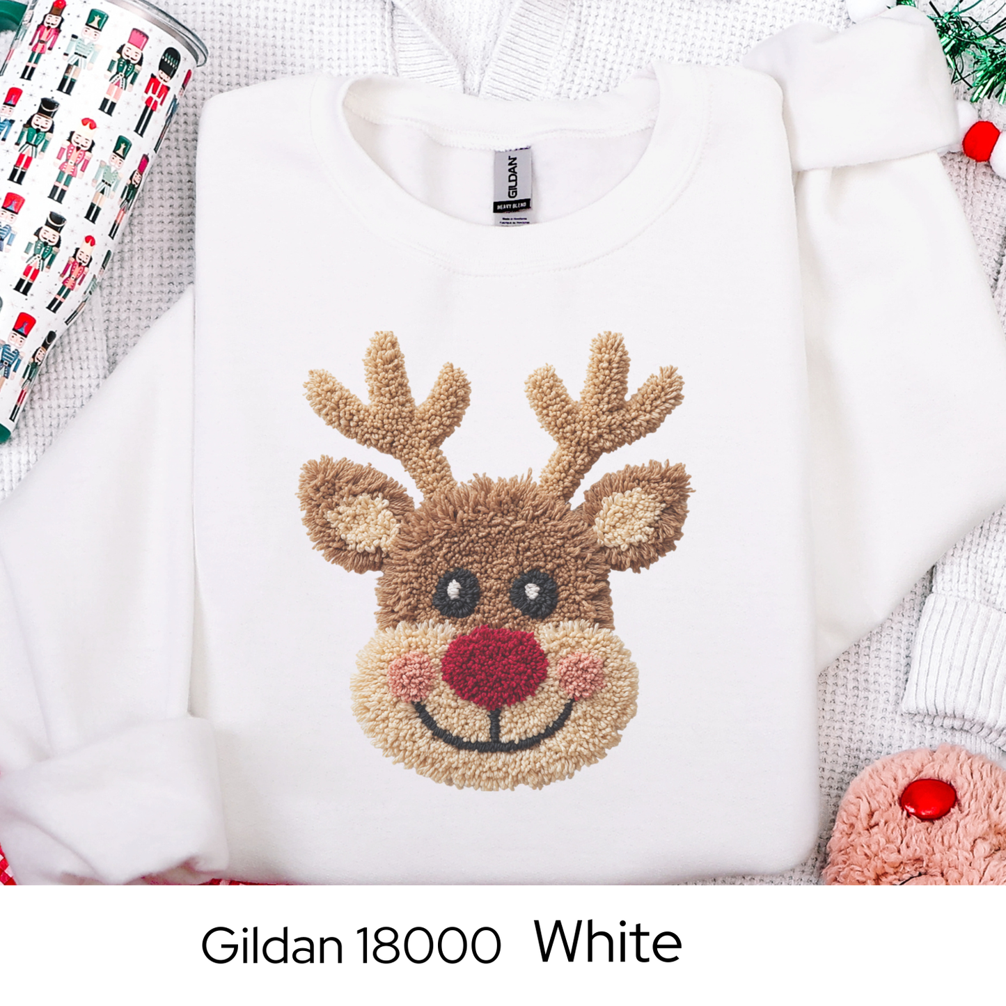 Reindeer Christmas Sweatshirt, Rudolph Lover Gift, Cute Holiday Crewneck, Cozy Winter Sweater, Faux Yarn