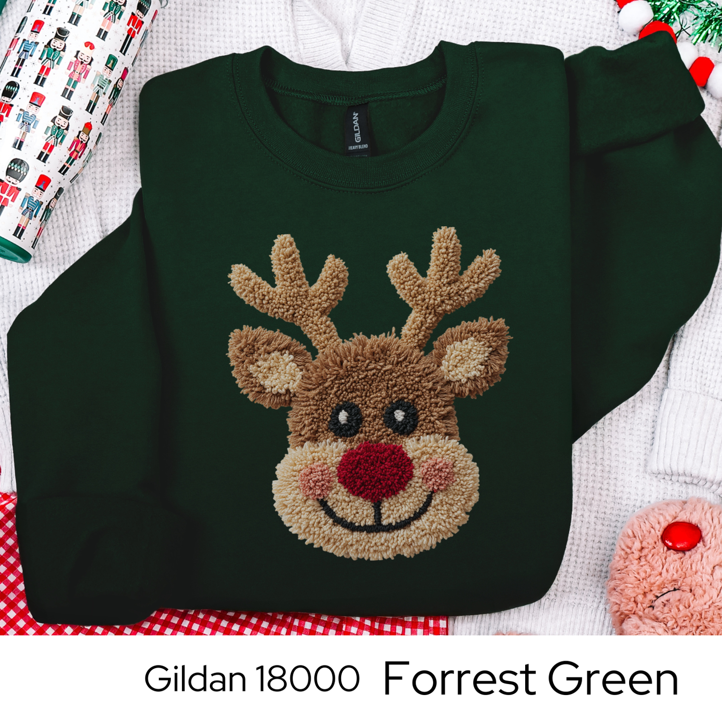 Reindeer Christmas Sweatshirt, Rudolph Lover Gift, Cute Holiday Crewneck, Cozy Winter Sweater, Faux Yarn