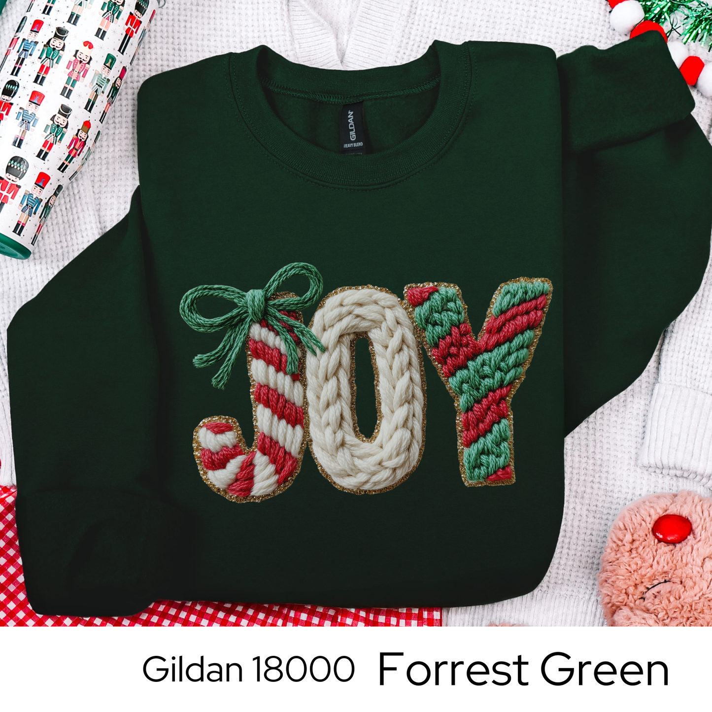 Joy Christmas Sweatshirt, Holiday Crewneck, Cozy Winter Outfit, Cute Candy Cane Sweater, Christmas Gift for Her, Faux Yarn