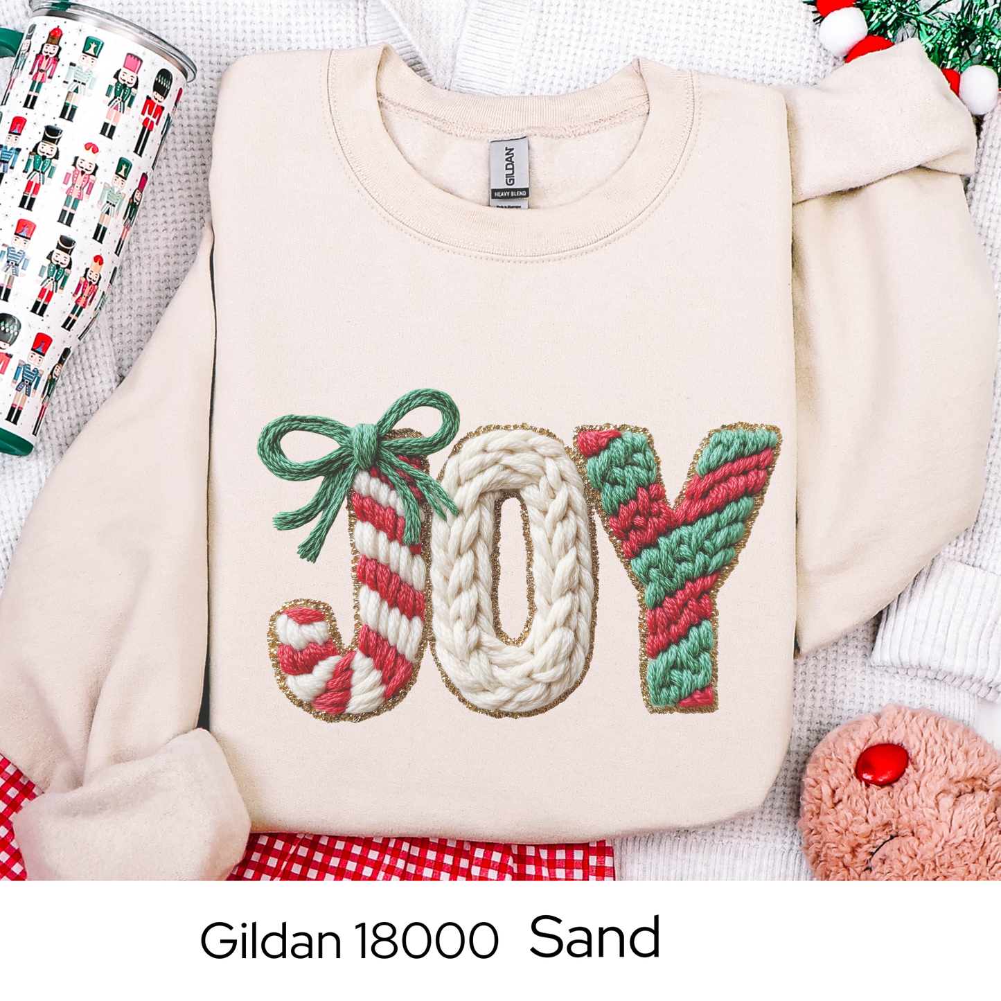 Joy Christmas Sweatshirt, Holiday Crewneck, Cozy Winter Outfit, Cute Candy Cane Sweater, Christmas Gift for Her, Faux Yarn