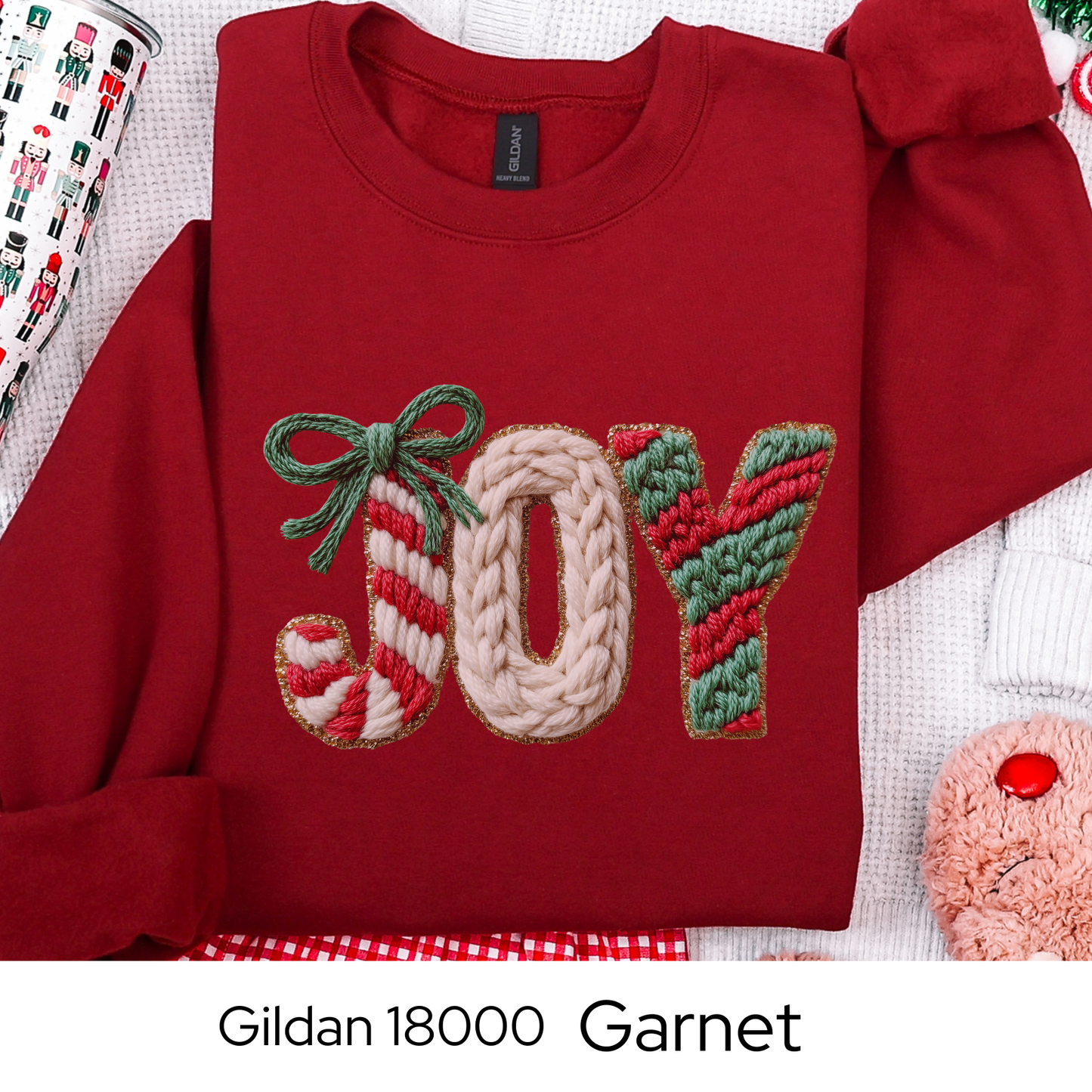 Joy Christmas Sweatshirt, Holiday Crewneck, Cozy Winter Outfit, Cute Candy Cane Sweater, Christmas Gift for Her, Faux Yarn