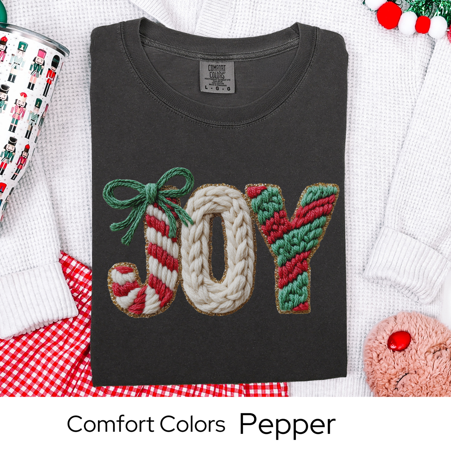 Joy Christmas T-Shirt, Holiday Tee, Cozy Winter Outfit, Cute Candy Cane Top, Christmas Gift for Her, Faux Yarn
