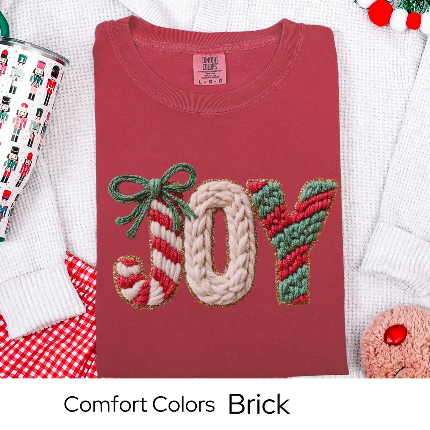 Joy Christmas T-Shirt, Holiday Tee, Cozy Winter Outfit, Cute Candy Cane Top, Christmas Gift for Her, Faux Yarn