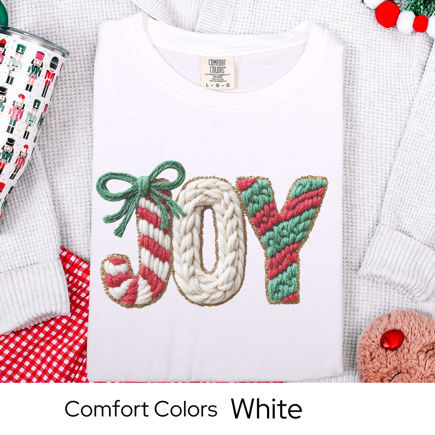 Joy Christmas T-Shirt, Holiday Tee, Cozy Winter Outfit, Cute Candy Cane Top, Christmas Gift for Her, Faux Yarn