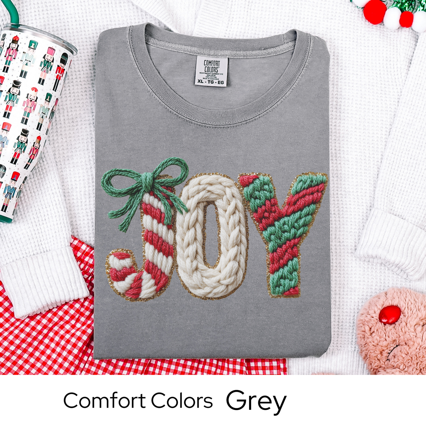 Joy Christmas T-Shirt, Holiday Tee, Cozy Winter Outfit, Cute Candy Cane Top, Christmas Gift for Her, Faux Yarn