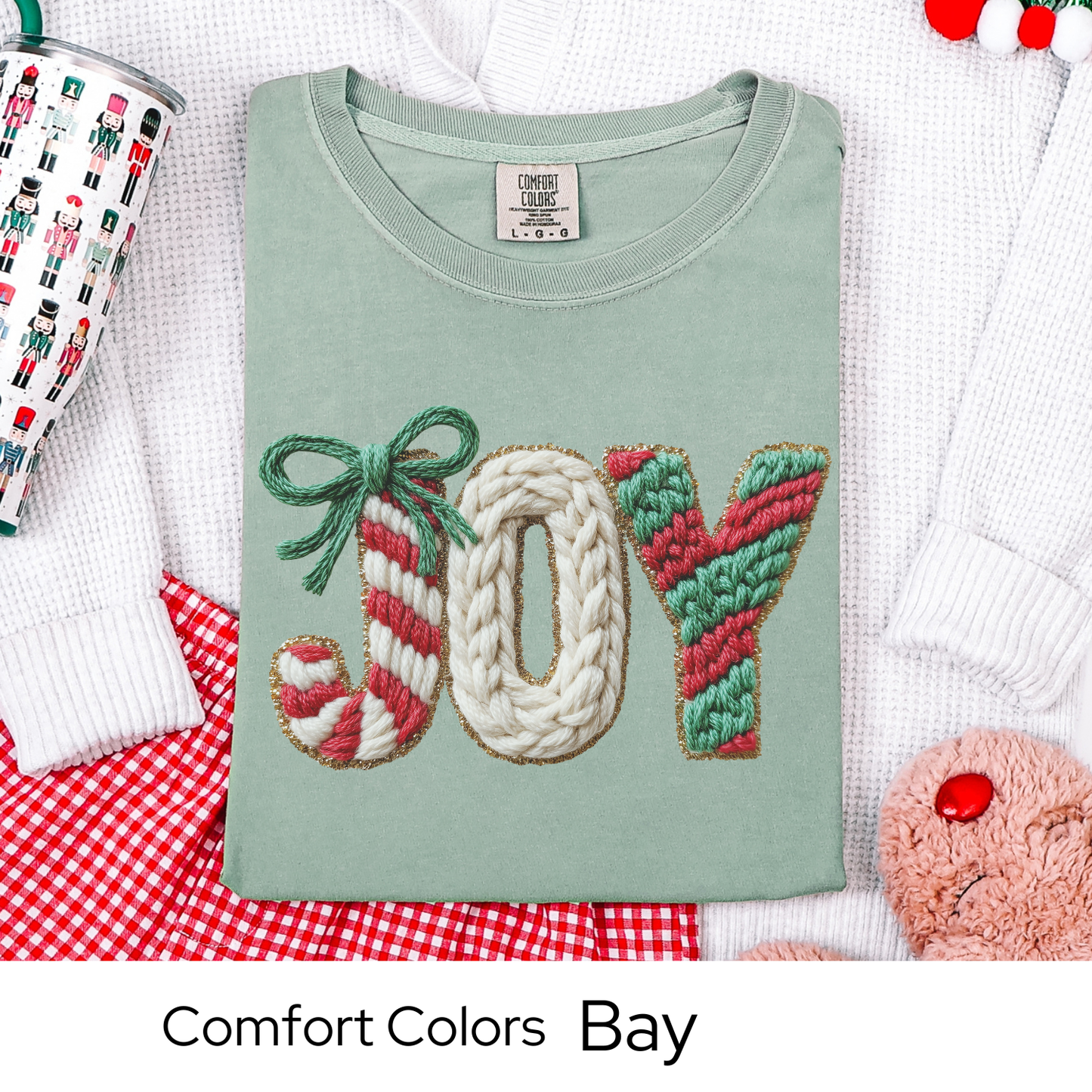 Joy Christmas T-Shirt, Holiday Tee, Cozy Winter Outfit, Cute Candy Cane Top, Christmas Gift for Her, Faux Yarn