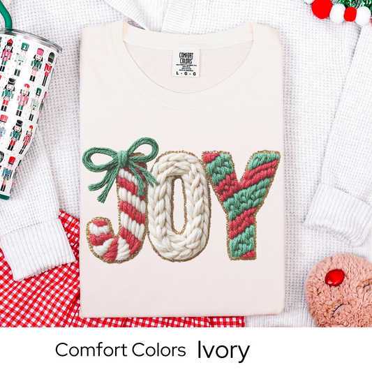 Joy Christmas T-Shirt, Holiday Tee, Cozy Winter Outfit, Cute Candy Cane Top, Christmas Gift for Her, Faux Yarn