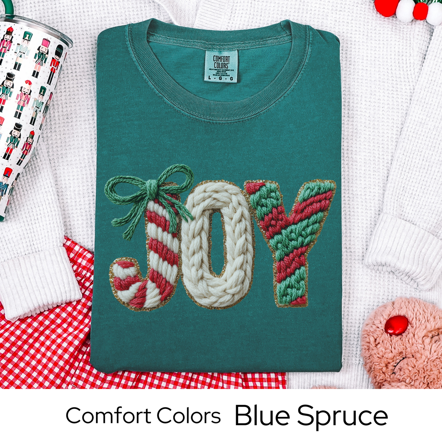 Joy Christmas T-Shirt, Holiday Tee, Cozy Winter Outfit, Cute Candy Cane Top, Christmas Gift for Her, Faux Yarn