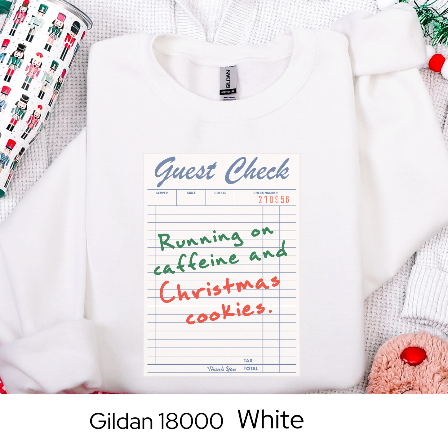 Running on Caffeine and Christmas Cookies Sweatshirt, Guest Check Holiday Crewneck, Funny Coffee Lover Gift, Cozy Christmas Sweatshirt