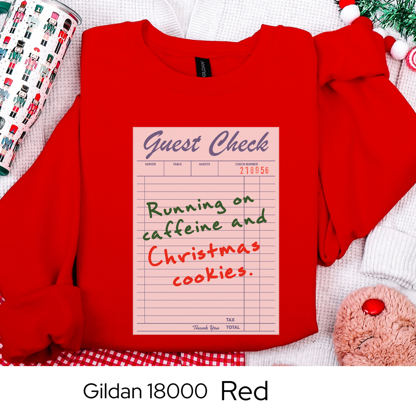 Running on Caffeine and Christmas Cookies Sweatshirt, Guest Check Holiday Crewneck, Funny Coffee Lover Gift, Cozy Christmas Sweatshirt