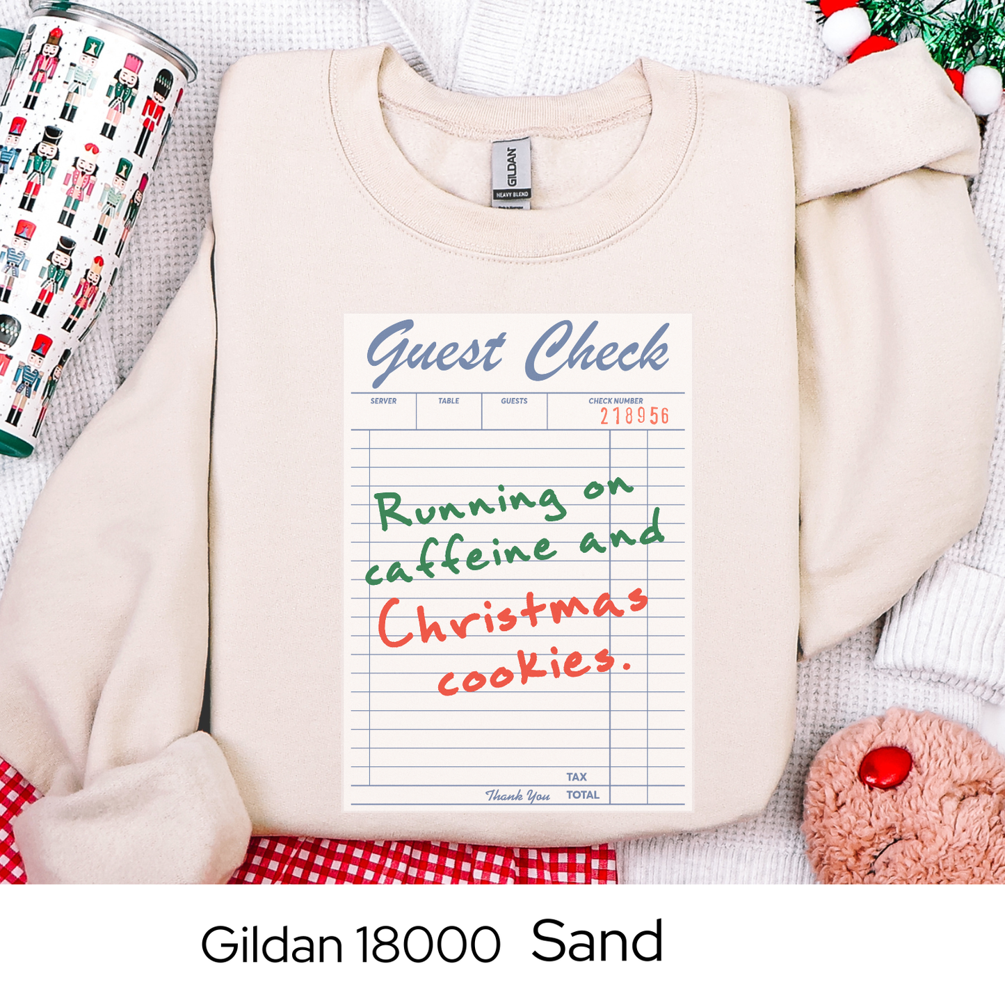 Running on Caffeine and Christmas Cookies Sweatshirt, Guest Check Holiday Crewneck, Funny Coffee Lover Gift, Cozy Christmas Sweatshirt