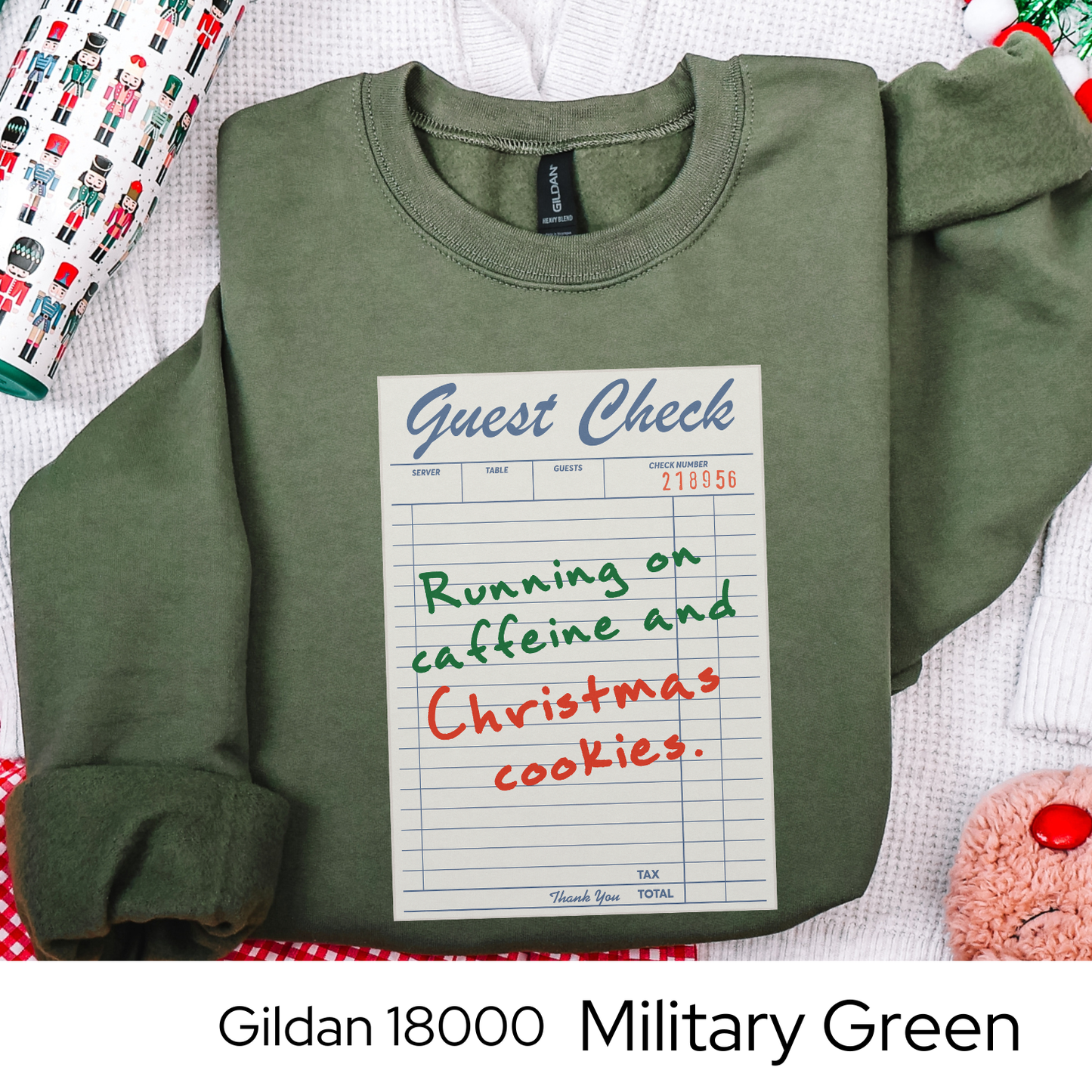 Running on Caffeine and Christmas Cookies Sweatshirt, Guest Check Holiday Crewneck, Funny Coffee Lover Gift, Cozy Christmas Sweatshirt