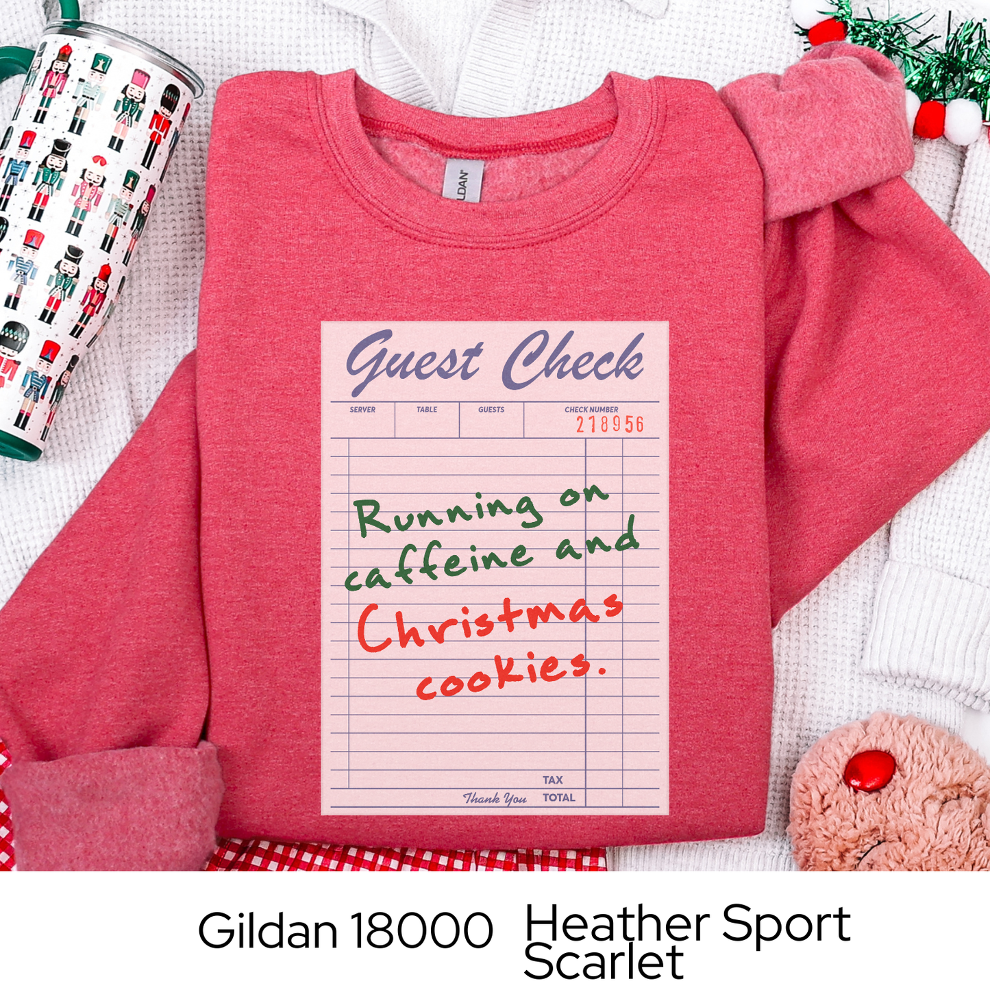 Running on Caffeine and Christmas Cookies Sweatshirt, Guest Check Holiday Crewneck, Funny Coffee Lover Gift, Cozy Christmas Sweatshirt