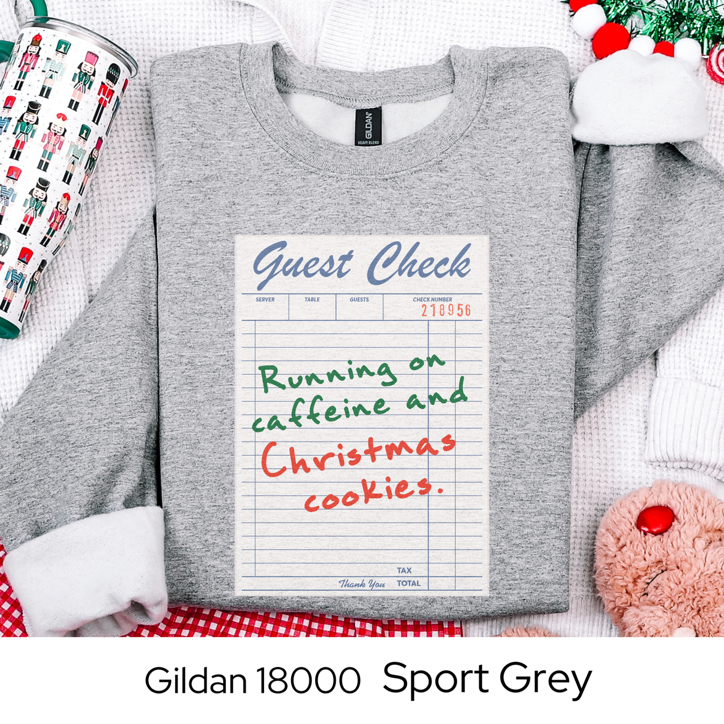 Running on Caffeine and Christmas Cookies Sweatshirt, Guest Check Holiday Crewneck, Funny Coffee Lover Gift, Cozy Christmas Sweatshirt