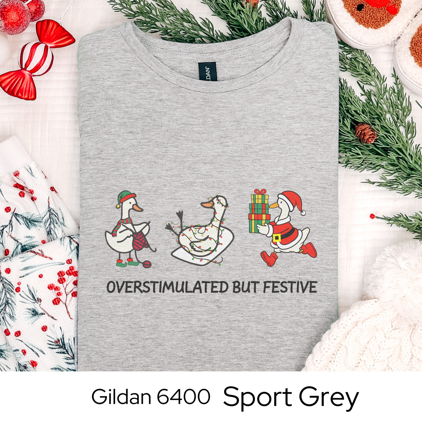 Funny Christmas Goose Shirt, Overstimulated But Festive Tee, Holiday Humor Gift, Cute Santa Goose Shirt, Funny Xmas Graphic Tee