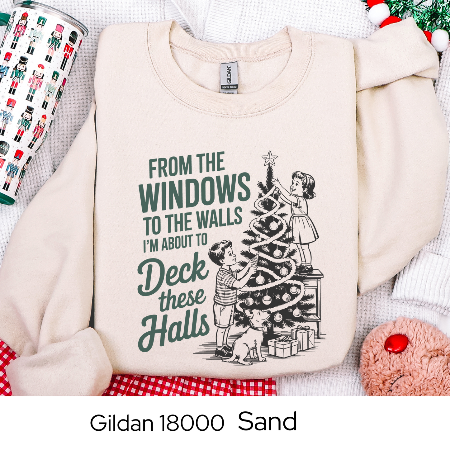 Funny Christmas Sweatshirt, Deck These Halls Retro Crewneck, Vintage Holiday Sweatshirt for Women, Cozy Winter Gift, Gildan 18000 Unisex