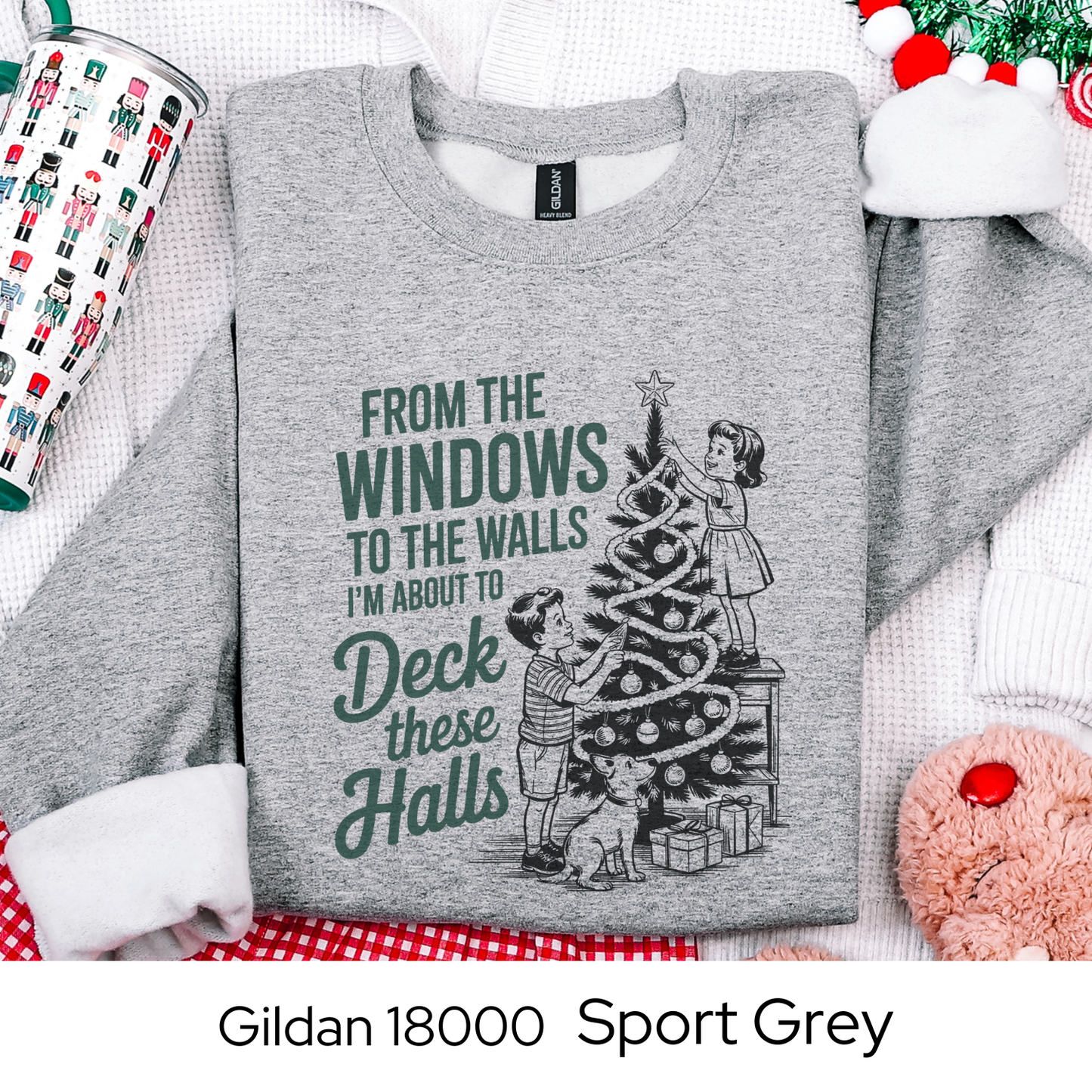 Funny Christmas Sweatshirt, Deck These Halls Retro Crewneck, Vintage Holiday Sweatshirt for Women, Cozy Winter Gift, Gildan 18000 Unisex