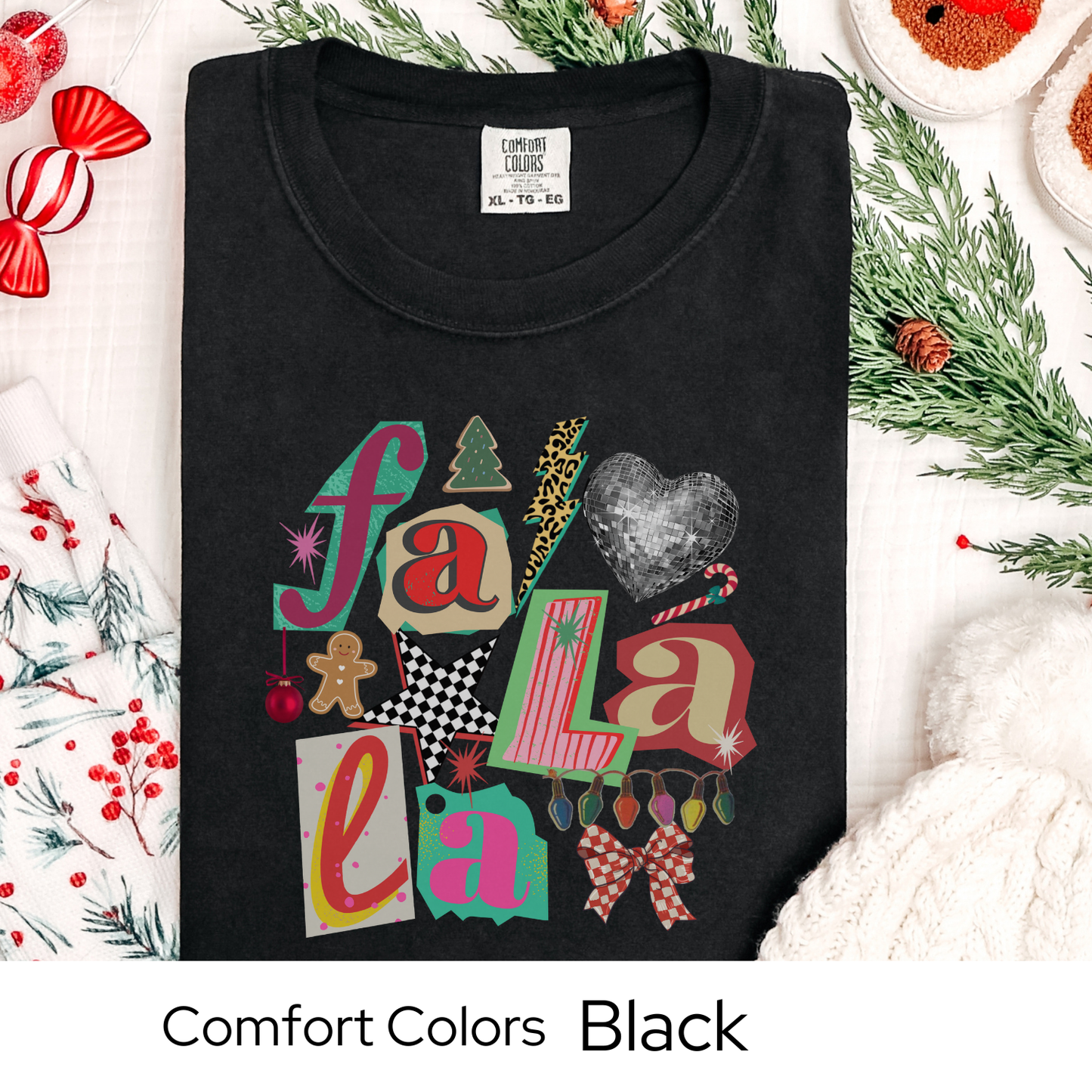 Comfort Colors Fa La La Christmas Shirt, Retro Holiday Graphic Tee, Cute Christmas Lights Disco Gingerbread Shirt, Xmas Gift for Her