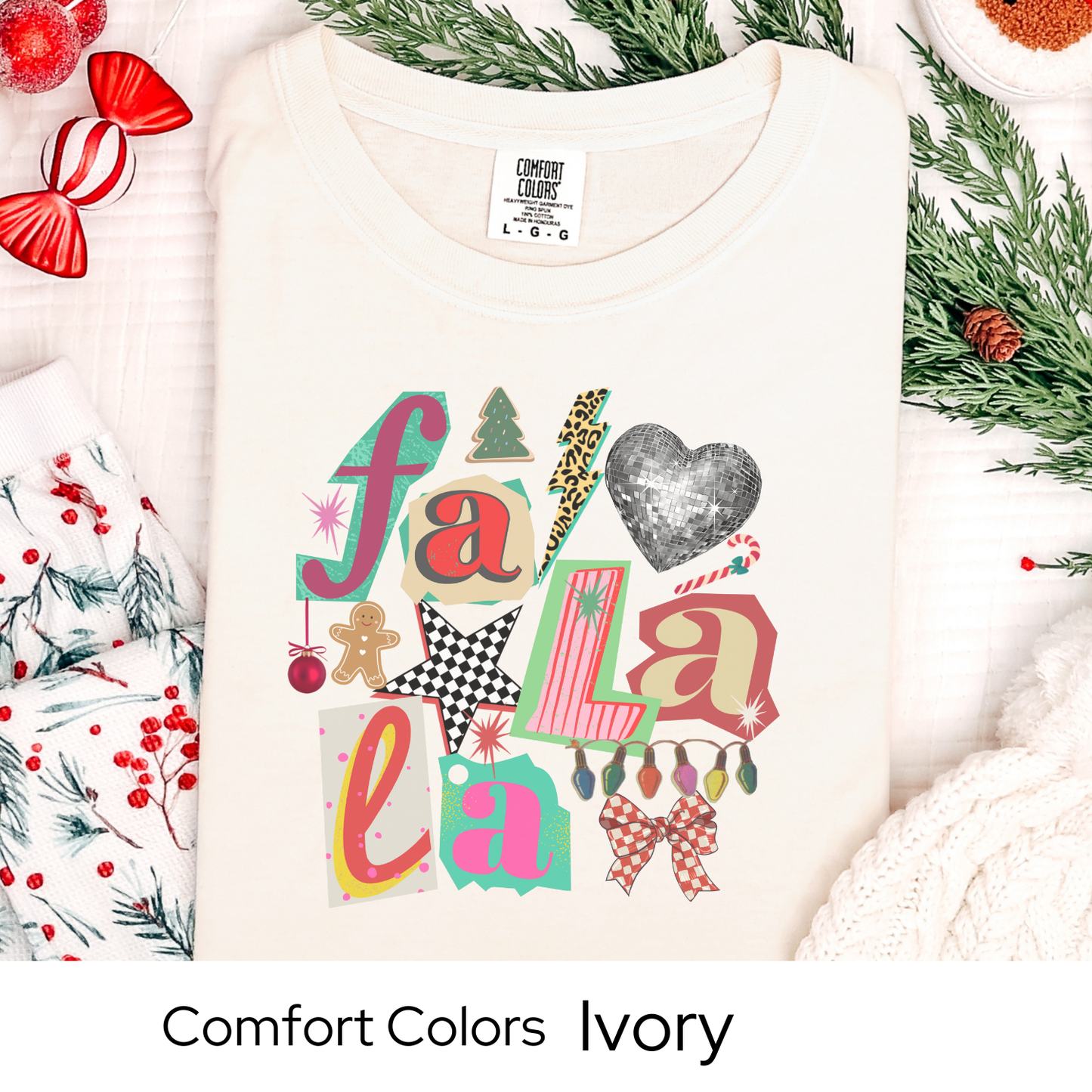 Comfort Colors Fa La La Christmas Shirt, Retro Holiday Graphic Tee, Cute Christmas Lights Disco Gingerbread Shirt, Xmas Gift for Her