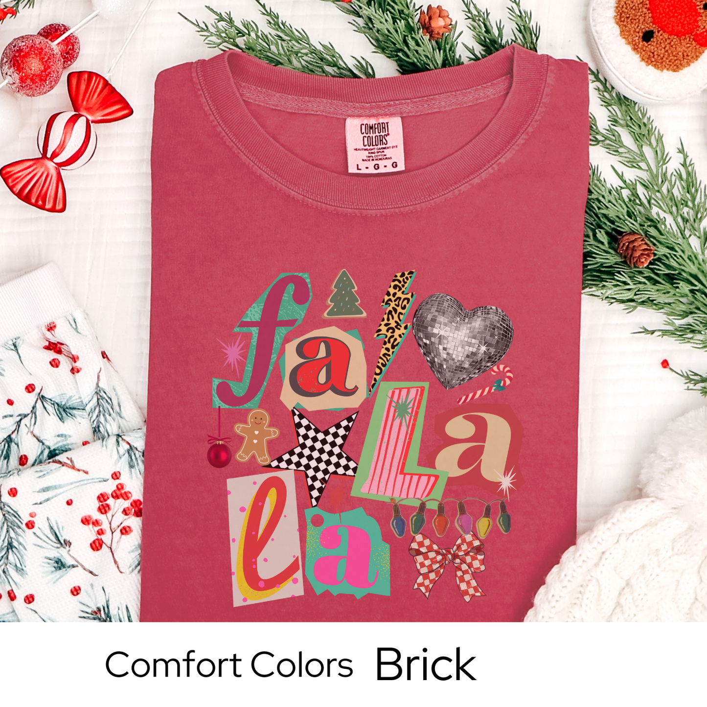 Comfort Colors Fa La La Christmas Shirt, Retro Holiday Graphic Tee, Cute Christmas Lights Disco Gingerbread Shirt, Xmas Gift for Her