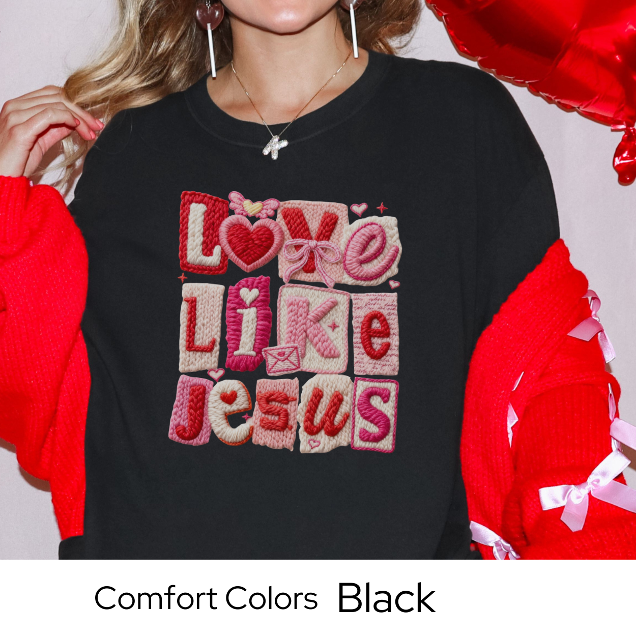 Valentines Day Graphic T Shirt, Love Like Jesus Tee, Faux Yarn Patchwork Shirt, Christian Valentine Gift Comfort Colors 1717